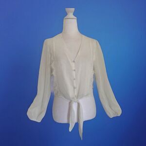 WAYF Women’s Button Up Top Blouse White Peasant Boho Tie Front Lace XS